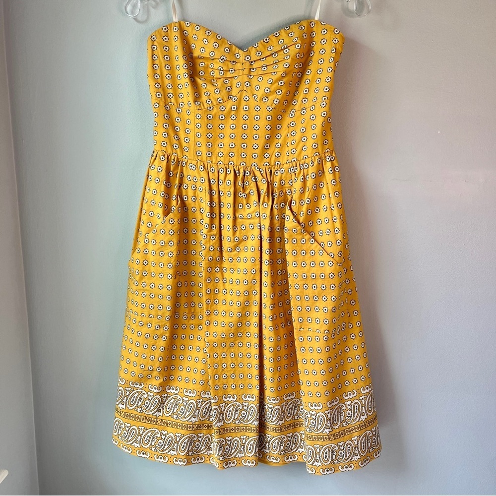 Anthropologie Yellow Strapless Sweetheart Sundress with White Print